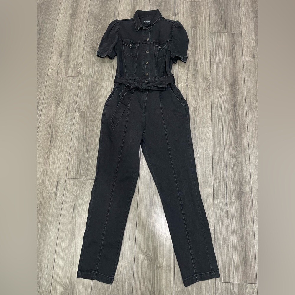 Retrofete Puff Sleeve Belted Charcoal Black Denim Tori Jean Jumpsuit Size XL